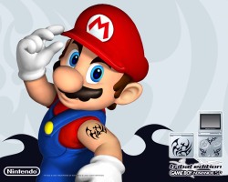 ghostlycandlefairy: panoots:  queenwhiskey:  suppermariobroth:  Game Boy Advance SP Tribal Edition promotional material.  This means that canonically Mario has a shoulder tribal tattoo. And theres no way you can disprove that. The shortest we’ve seen