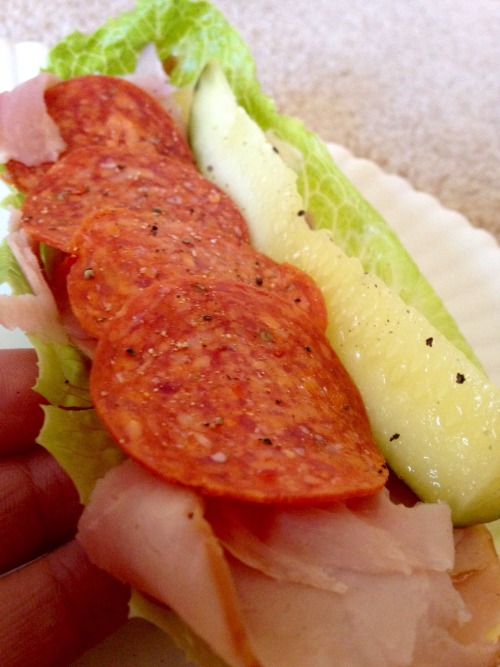 ketofooddiary: Lettuce boat filled with mayo, bacon cream cheese, asiago cheese, ham, pepperoni and