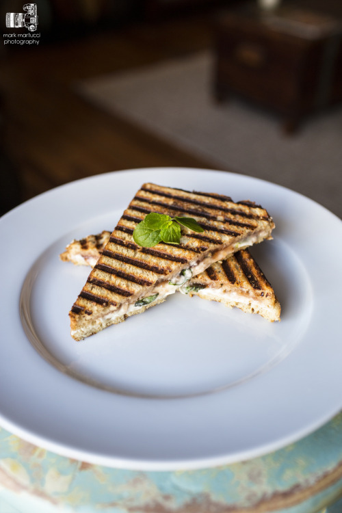 goat cheese, strawberry jam, and mint panini