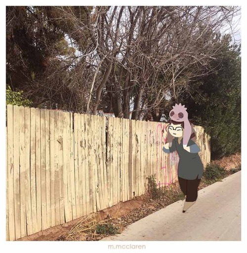 Slakoth belongs to Pokemon . Artwork by Meredith McClaren[Description:  A photo of a sidewalk lined 