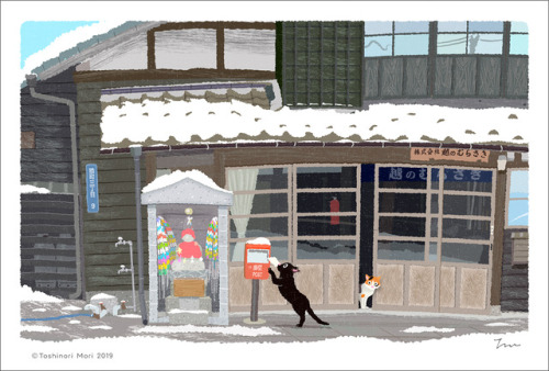 猫好きイラストレーターもりとしのりが描く、〜四季を旅する猫〜『たびねこ』のイラスト「猫の年賀状」です。雪国の老舗の醤油屋さんです。店の前にお地蔵さんとポストがあります。お正月の朝、ポストに年賀状を出し