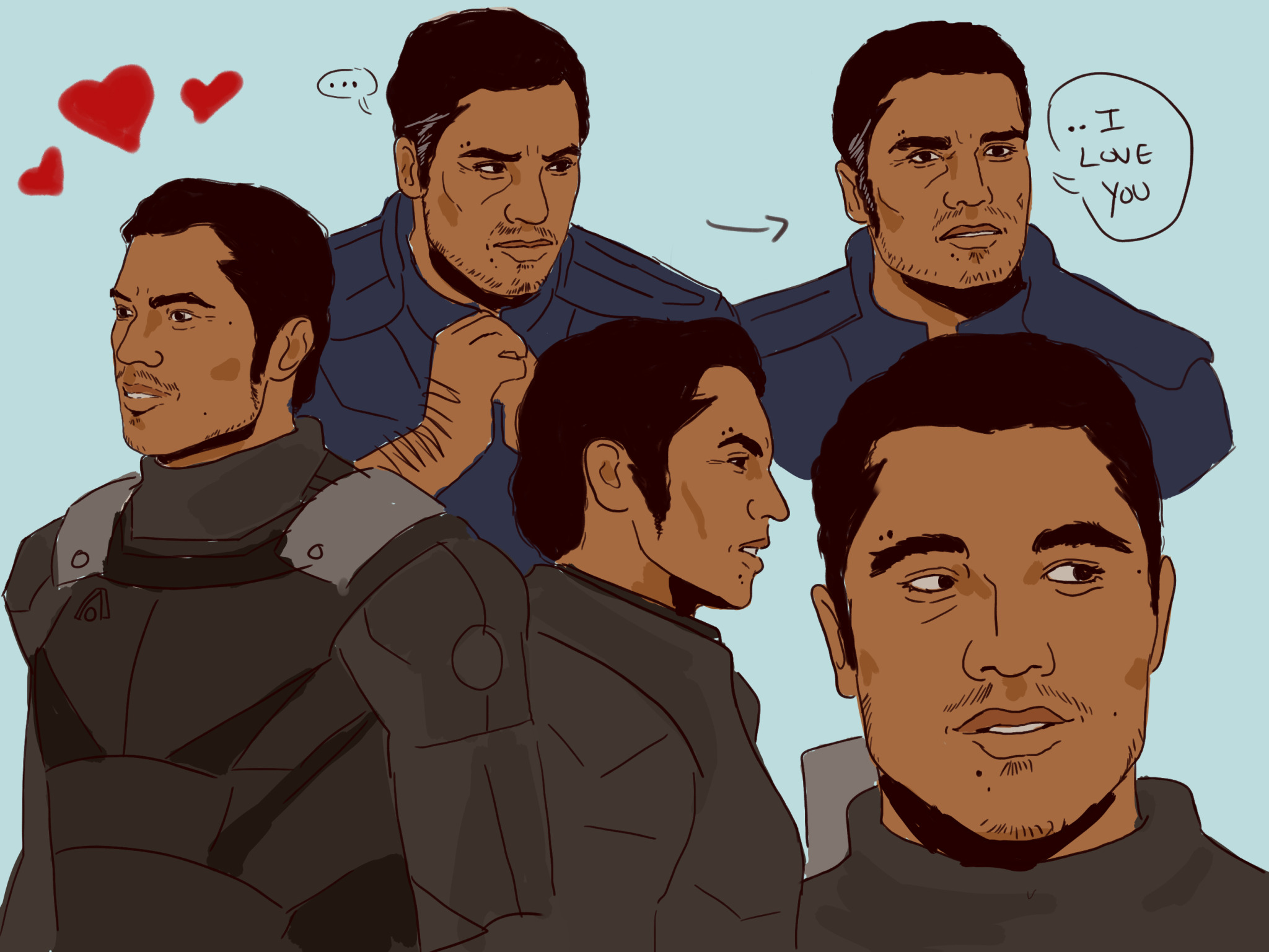 Various marker drawings of Kaidan Alenko from Mass Effect, they're screenshot redraws mostly of him talking. Two at the top have a speech bubble: Kaidan thinks with deep focus, then looks up and says "I love you", as he does in Mass Effect 3 at Apollo's Cafe. There are three hearts in the lefthand corner expressing the artist's affection for the character.