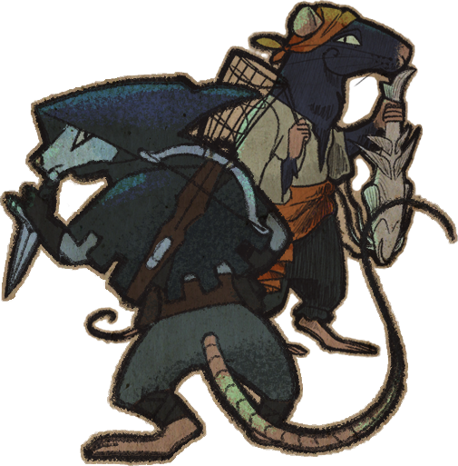 Two rats, one dressed in a hood wielding a dagger and the other holding a cave fish