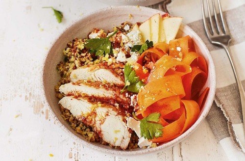 Carrot, apple and chicken grain bowls