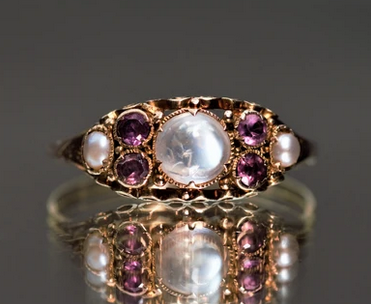 Antique Victorian Moonstone, Amethyst, and Pearl Ring