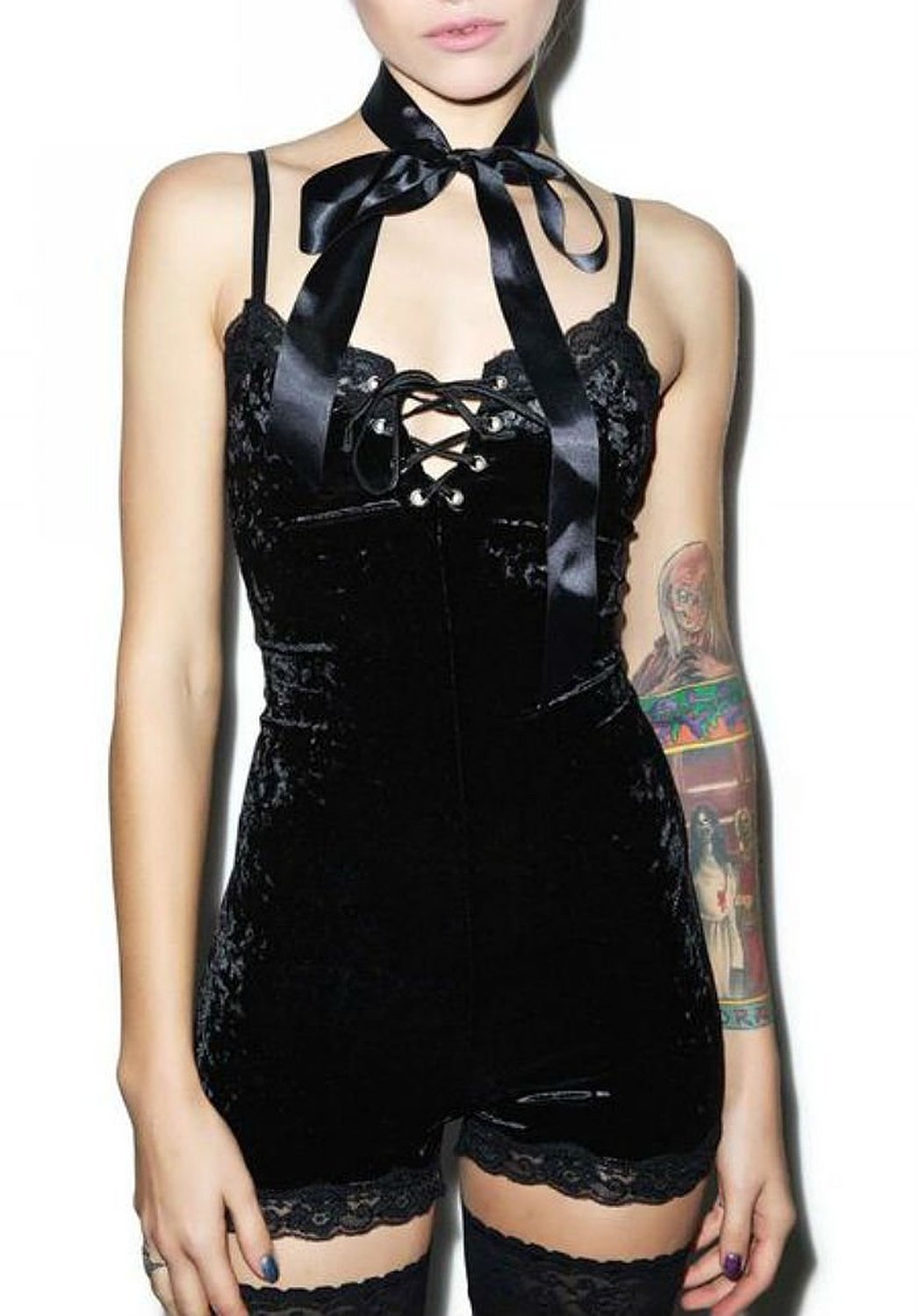 pastelgothdotcom:  Stretch Velvet Bodysuit Romper 