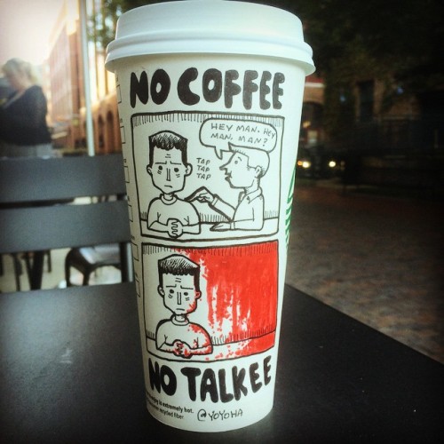 tastefullyoffensive:  Cartoonist Josh Hara Draws on His Coffee Cup(s) Every Morning [more]Previously: How to Get 10% Off Your Order at Not a Burger Stand