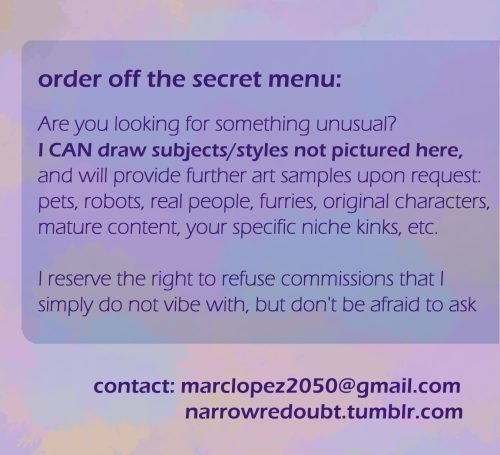 narrowredoubt:  My commission info ✨! please feel free to DM me for more details or clarification! S