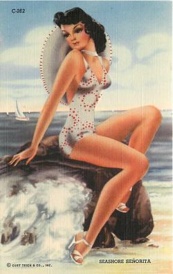 hoodoothatvoodoo:  &lsquo;Seashore Senorita&rsquo; Curt Teich Linen Postcard 1940s 