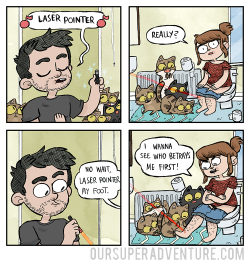 oursuperadventure:  All you have to do is touch the laser pointer and all my cats are summoned immediately.    This comics getting printed! Back my kickstarter!more || tapastic || commission info!! || instagram || twitter || facebook || shop    