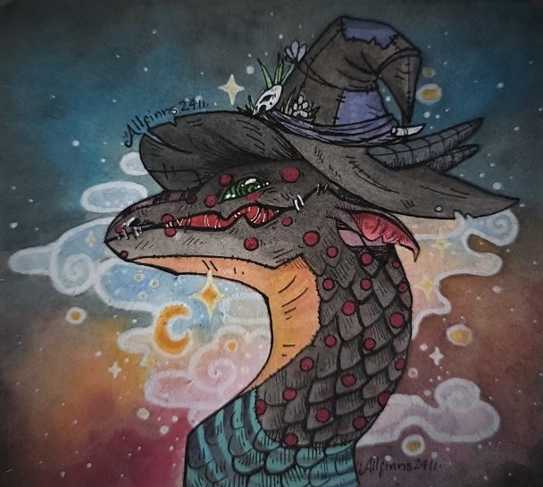 there is watercolour art of an over all dark, gloomy vibe to this sock puppet of a dragon giving you a cheeky side-eye. It has dark green spiral pupilled eyes and is wearing a witches hat