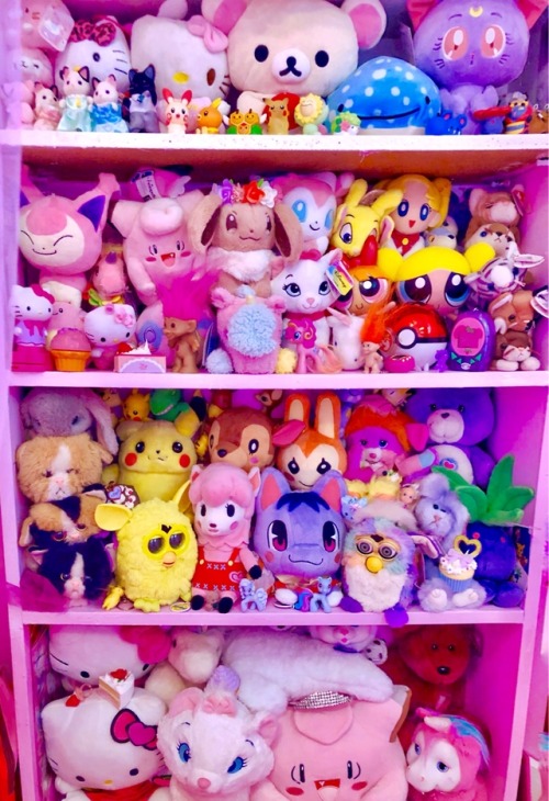 Somewhat reorganized plushie shelf! I’ve completely run out of room so half my toys are hanging out 