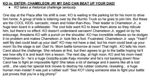 ianjq:  Old Chameleon Jr. stuff!As mentioned by Toby Jones in this post, “My Dad Can Beat Up Your Dad” is one of the oldest OK KO! stories, dating all the way back to 2012! I wrote it right after I finished the pilot and it survived, mostly unscathed,