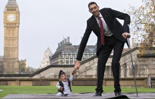 Le Népalais Chandra Bahadur Dangi (g), l'homme le plus petit du monde selon le Guinness Book des records, pose aux côtés de l'homme le plus grand du monde, le Turc Sultan Kosen, à Londres le 13 novembre 2014. (Photo Andrew Cowie)