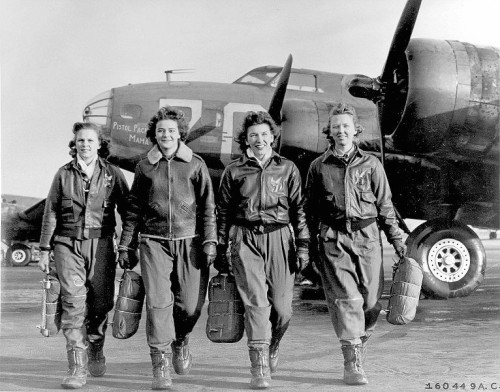 imsome1:Female pilots leaving their B-17, “Pistol Packin’ Mama” [c. 1941 - 1945]