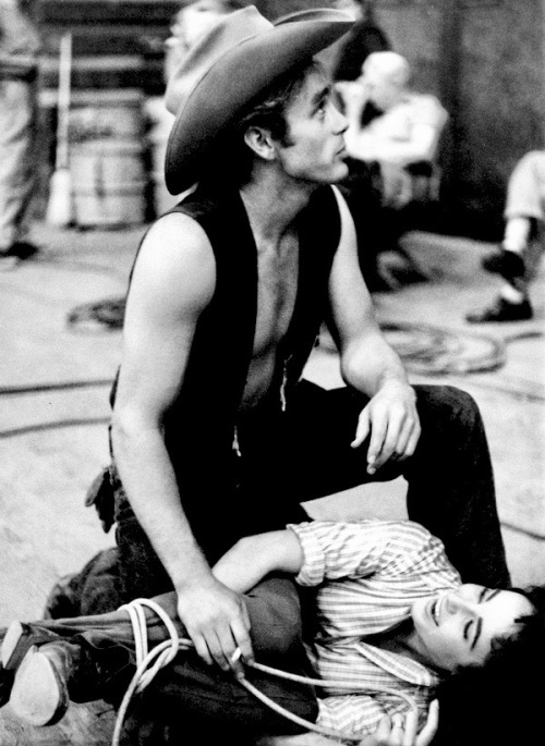 summers-in-hollywood:James Dean and Elizabeth Taylor messing around on the set of Giant, 1955