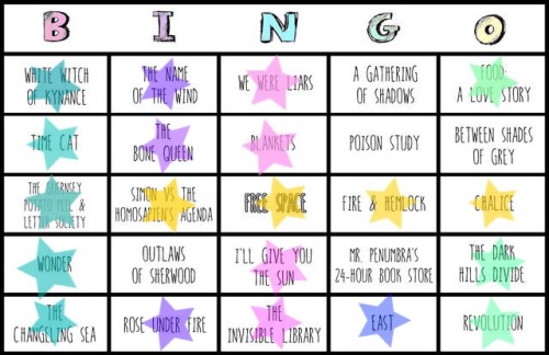 BINGO! I finished Rose Under Fire last night, so I got to complete one more row on my TBR bingo card