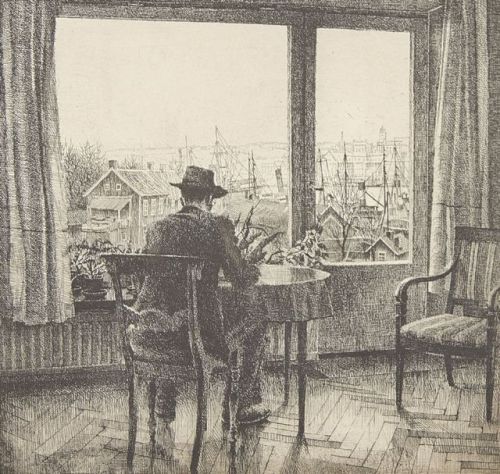 Man at table by the window    -    Bertram Schmiterlöw , 1944.Swedish, 1920-2002 Etching, 50/200  , 