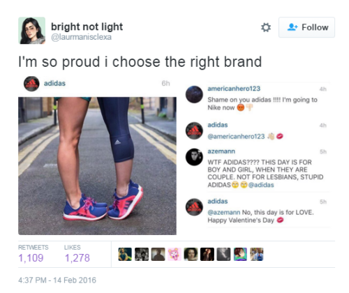 Adidas shuts down homophobes on Valentine’s Day“Sports giant Adidas joined with millions around the 