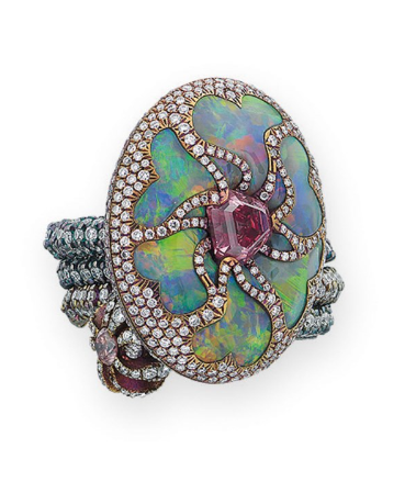 vysjewelry:Opal, pink diamond, and diamond ring (at Christie’s) 