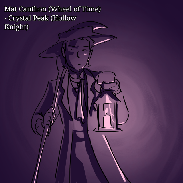 Text: "Mat Cauthon (Wheel of Time) - Crystal Peak (Hollow Knight)". A purple monotone picture of Mat holding a lantern. He has an eyebrow raised suspiciously. His ashandarei is in his other hand, leaning on his shoulder. The drawing is heavily shaded, the only light source being his lantern.