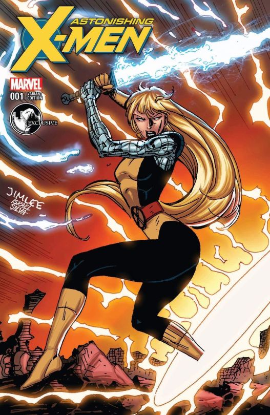 cover of Astonishing X-Men Vol. 4 #1, Unknown Comics variant, showing Magik (blonde woman in the X-Men yellow and black jumpsuit) with a metal arm holding a sword over her head, her butt is tilted at the audience viewpoint so both her buttcheeks are visible while her back is arched 90 degrees so her butt is thrusting back and her chest is facing the audience