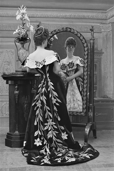 history-of-fashion:
“ ab. 1896 The ‘Lily’ evening gown by House of Worth
Black silk velvet, white silk satin (for the partially modern collar), white satin appliqués embroidered with metal cannetilles and gold sequins.
(Palais Galliera, musée de la...