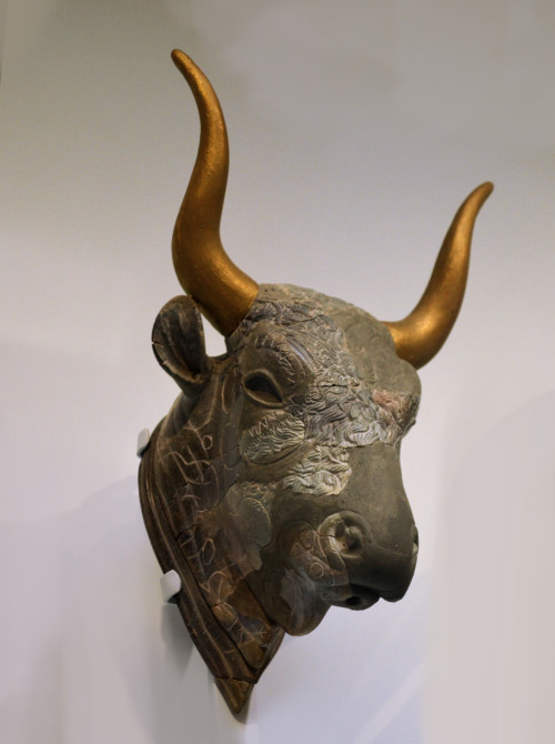 greek-museums:Archaeological Museum of Heraklion:Stone bull’s head rhyton- left side of head a