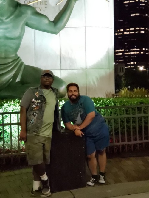 puppersunny:  Few pics from my trip to Detroit… I’m the one in the vest lookin sassy. The one in the overalls is my alpha and in the black shirt is one of my Dads, other one is taking the pic. We are a fun bunch.