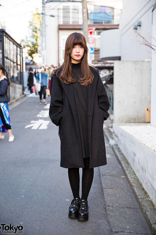 Kurumi on the street in Harajuku wearing a wool coat from Fig&amp;Viper with a Jouetie dress, M.Y.O.