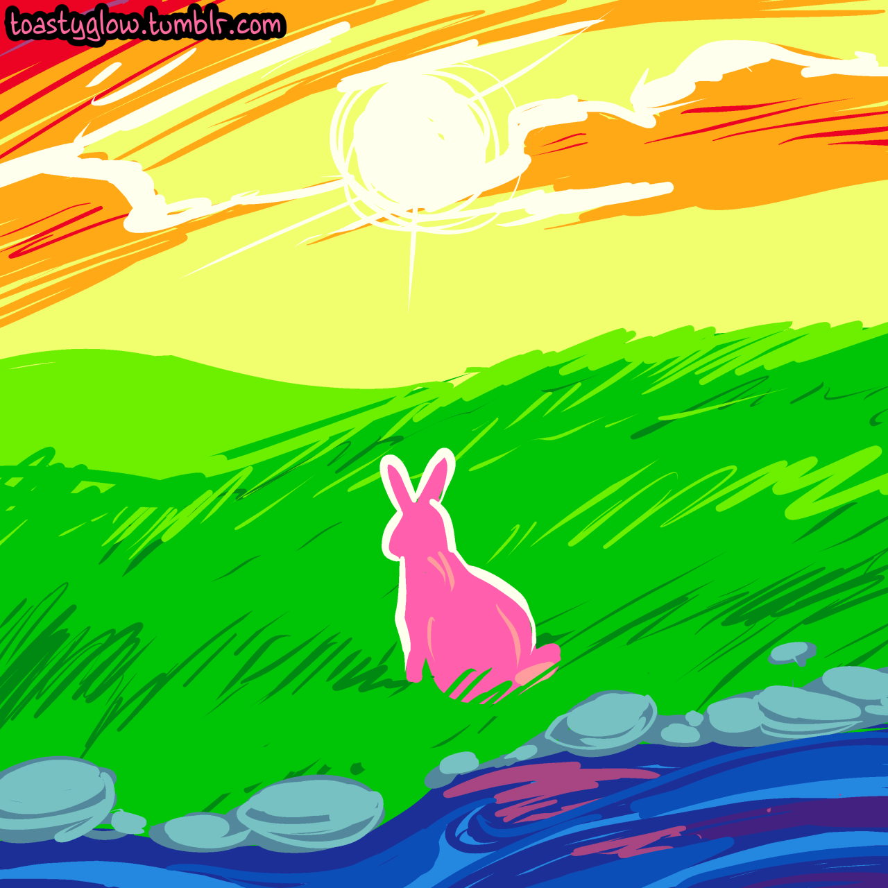 The smaller rabbit finds itself in a world of color, arrayed in a rainbow.  It is now entirely pink.