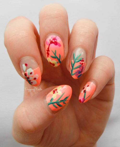 Tropical flowers inspired by the print of my pyjamas #nails #nailart #nailpolish #naturalnails #bblo