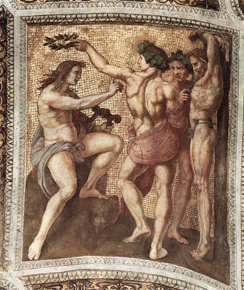 artist-raphael:Apollo and Marsyas, from the ‘Stanza della Segnatura’, 1511, RaphaelMedium: fresco
