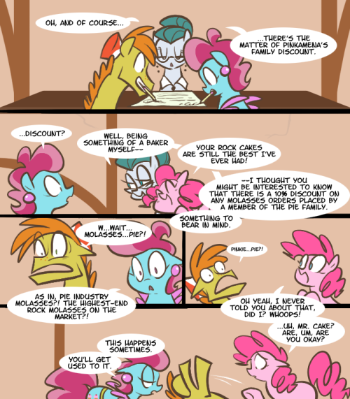 sliceofponylife:  …and so concludes the thrilling tale of How Pinkie Became a Small-Business Investor! Good thing she was there to help fix the inconsistent and Escheresque interior of Sugarcube Corner, it really needed it. Also special thanks to my