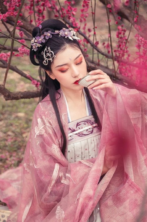 ziseviolet:A traditional Chinese Hanfu photo-story depicting an encounter amid peach blossoms, via 莲