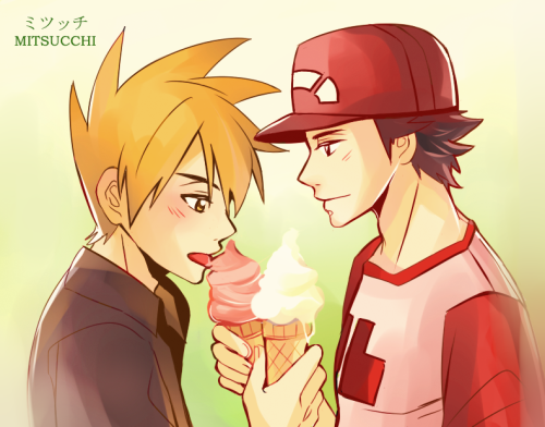 mitsucchi:  Artist: @mitsucchi (Tumblr) Pairing: Red x Green (Pokemon) A/N: Gotta share some more cheesy and fluffy Reguri with you guys :3 Just one of these moments when they go on dates ♥ 