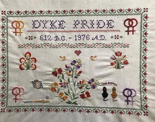 llleighsmith:Dyke Pride Sampler, by Barbara Smith and Beverly Smith, 1976. Cotton embroidery floss o