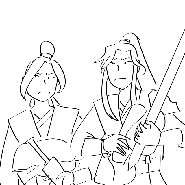 Jiang Cheng and Wei Wuxian holding bundles of various items. They are wearing matching discontented and silly expressions, lips pursed. The drawings use their donghua designs.