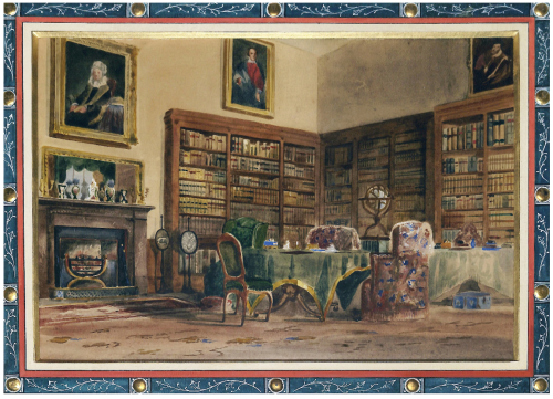 Watercolour interior portaits of the library at Ditton Park, Berkshire, England. By Simon Jacques Ro