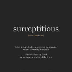 wnq-words:  WORD OF THE DAY: surreptitious [sur-uh p-tish-uh s]  adjective  done, acquired, etc., in secret or by improper means operating by stealth   characterized by fraud or misrepresentation of the truth  artful, clandestine, clandestinus,