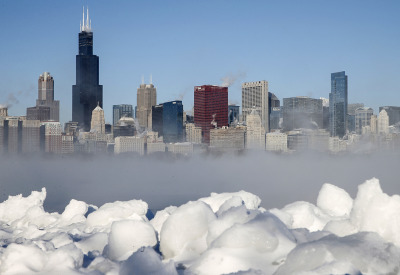 “The Chicago skyline is seen beyond the arctic sea smoke rising off Lake Michigan in Chicago, Jan. 6.” Photo by Jim Young/Reuters via Slate