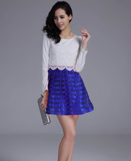 2014 new arrival cute short dress. Lace embroidered white top and striped tulle skirt. Long sleeve. 