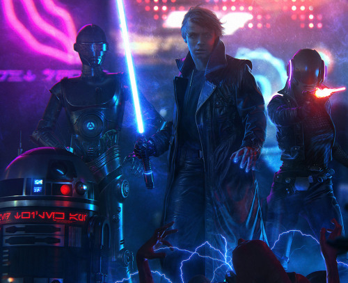 mister-b-man:bacta-baby:cinemagorgeous:A gorgeously moody cyberpunk take on Star Wars by artist Jero