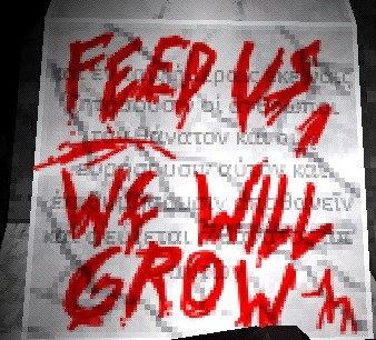screenshot of greek text from ultrakill that translates to revelation 9:6 as described in the post text above. on top is written "feed us, we will grow" in blood.