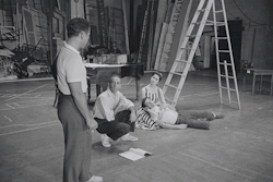 fyeahbroadway:  The original Broadway company of West Side Story including Carol Lawrence, Larry Kert, and Chita Rivera in rehearsal with Jerome Robbins, Leonard Bernstein, and Stephen Sondheim at the piano. Magnificent gifs by Doug Reside, curator of