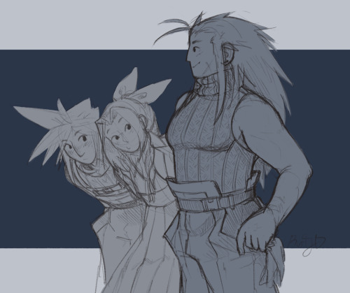 A blue monotone drawing of Zack, Aerith, and Cloud. Zack is in the foreground, facing left and standing tall with a smile on his face. He is not wearing his pauldrons, and has his gloves held in his hand. Aerith and Cloud are next to him, faded slightly into the background. They are both bending over a bit, looking at Zack's chest with interest. the background is a dark blue horizontal band.