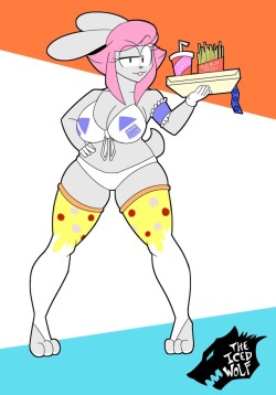 theycallhimcake:  theicedwolf: Bit of gift art for ya boi @theycallhimcake of his Oc Franny Funbun  I apologise for the outfit but I had an idea and that was it.  The blue things on the pizza box? …..they’re individual slices of pepperoni….. you