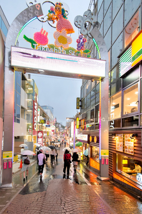 tokyo-fashion: Rainy night tonight on Takeshita Dori in Harajuku. The weather report for the next we