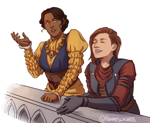 askweisswolf: Lovely art of my Inquisitor, Laurel Cadash, and her LI Josephine engaging in some good