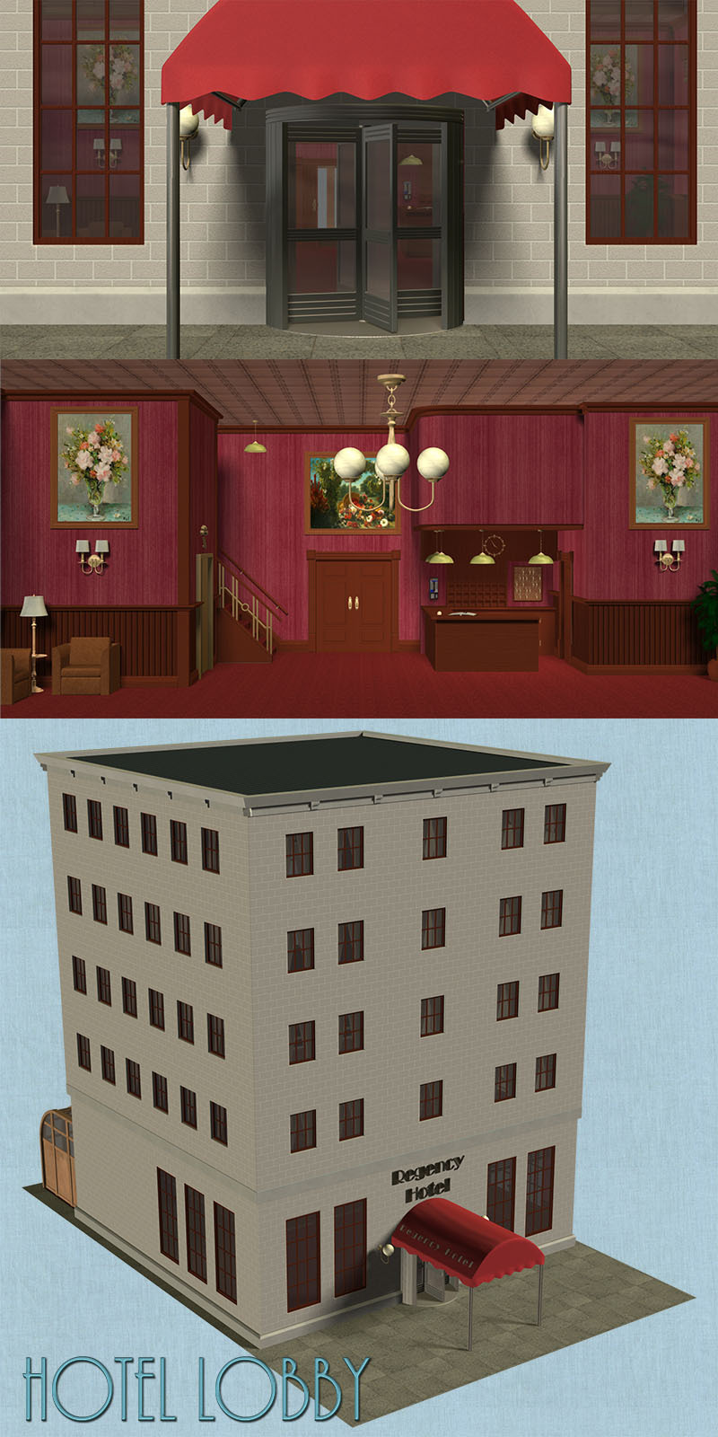  A  16-piece (PP2) prop set replicating a vintage hotel lobby area complete  with